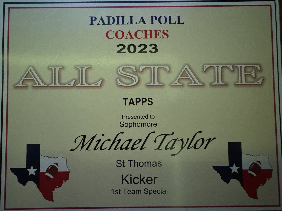 Grateful to have been selected by @padillapoll as TAPPS 1st Team All State kicker as a sophomore! @STHFootball @NickGatto @CoachDaPrato @Coach_CRoberts @CoachDavis82 @CoachMcGuire16