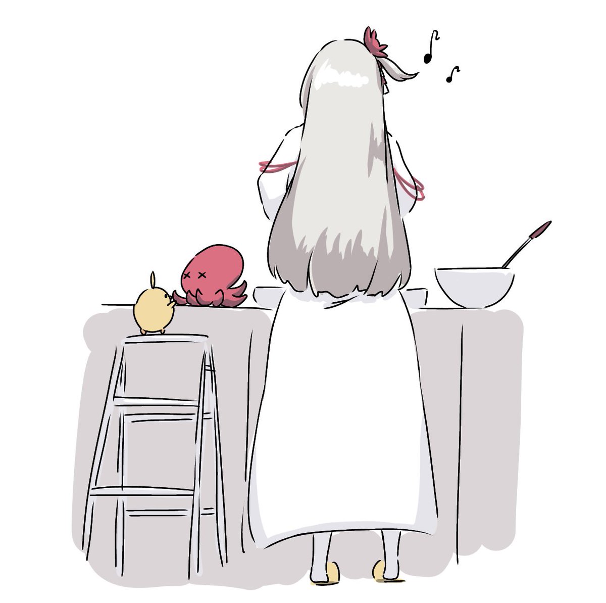 shoukaku (azur lane) 1girl long hair kitchen cooking musical note from behind octopus  illustration images