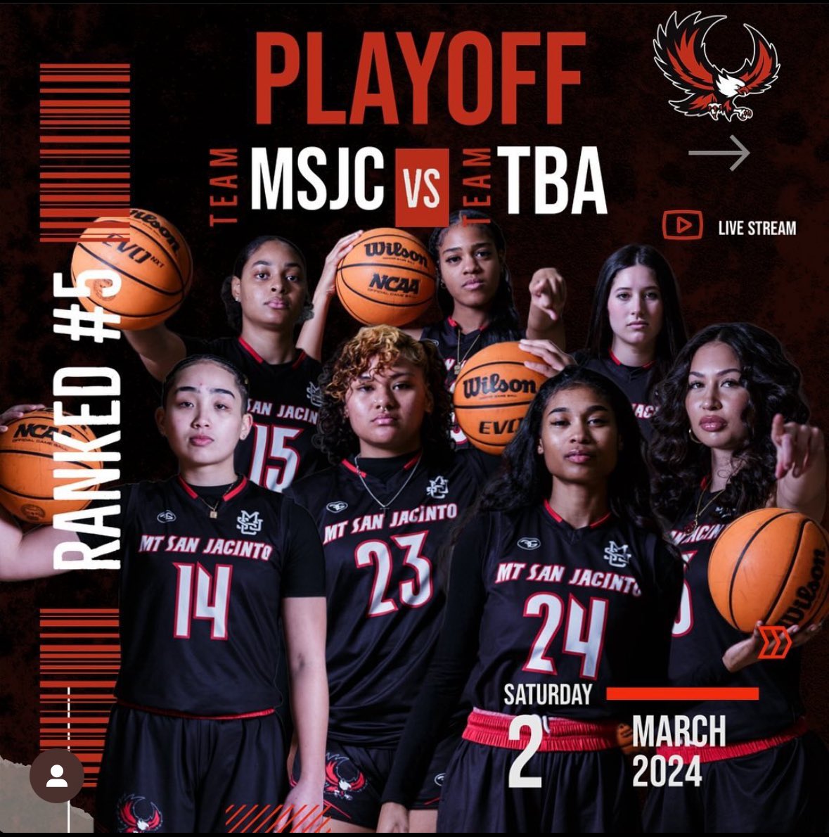 The Lady Eagles are ranked #5 in the south and have received a first round bye for playoffs. Mt. San Jacinto Women’s Basketball will be hosting the winner of Citrus and RCC this Saturday March 2nd at 7:00pm. Come out and support your lady eagles. Let’s pack the stands!