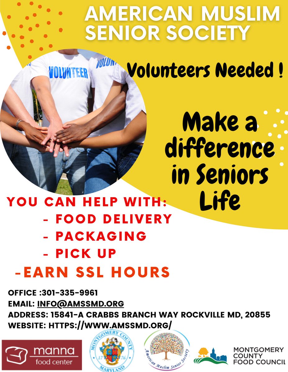 Would you like to give back to your community?
Are you looking for an honorable volunteering opportunity?
AMSS is looking for passionate individuals to assist our loved ones (the older adults community) in Montgomery County, Maryland.
🛑🛑🛑🛑
Check out the flyer for more details