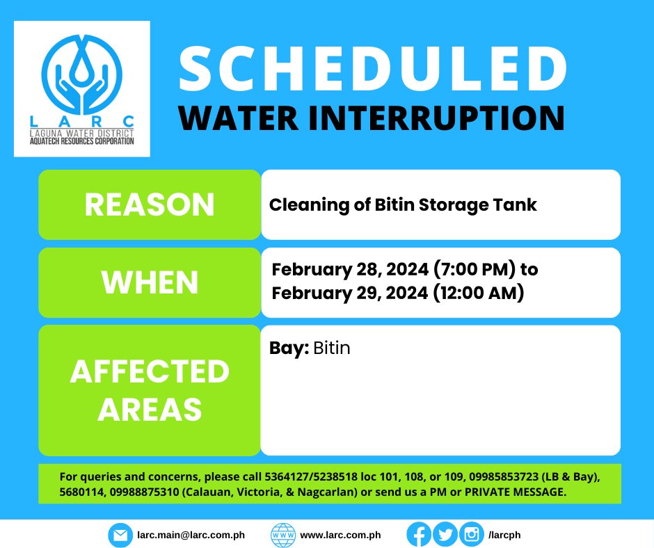 LARCph's tweet photo. Please be advised of the SCHEDULED water interruption. Low water pressure to no water supply may be experienced. Please check this post from time to time for updates.        

#LARCph https://t.co/FtX7r5ll4r