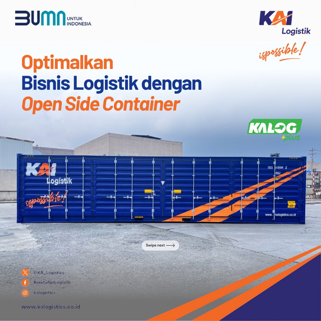 KA_Logistics's tweet photo. Hai, Sobat KALOG.
Yuk, kenal lebih dekat dengan “Open Side Container”!
Nah, apa saja ya keunggulannya? Cek di postingan ini ya, Sobat KALOG.
KAI Logistik, Ispossible!
#kailogistik #kalogplus #kontainer #opensidecontainer https://t.co/ESrhEq2aWp