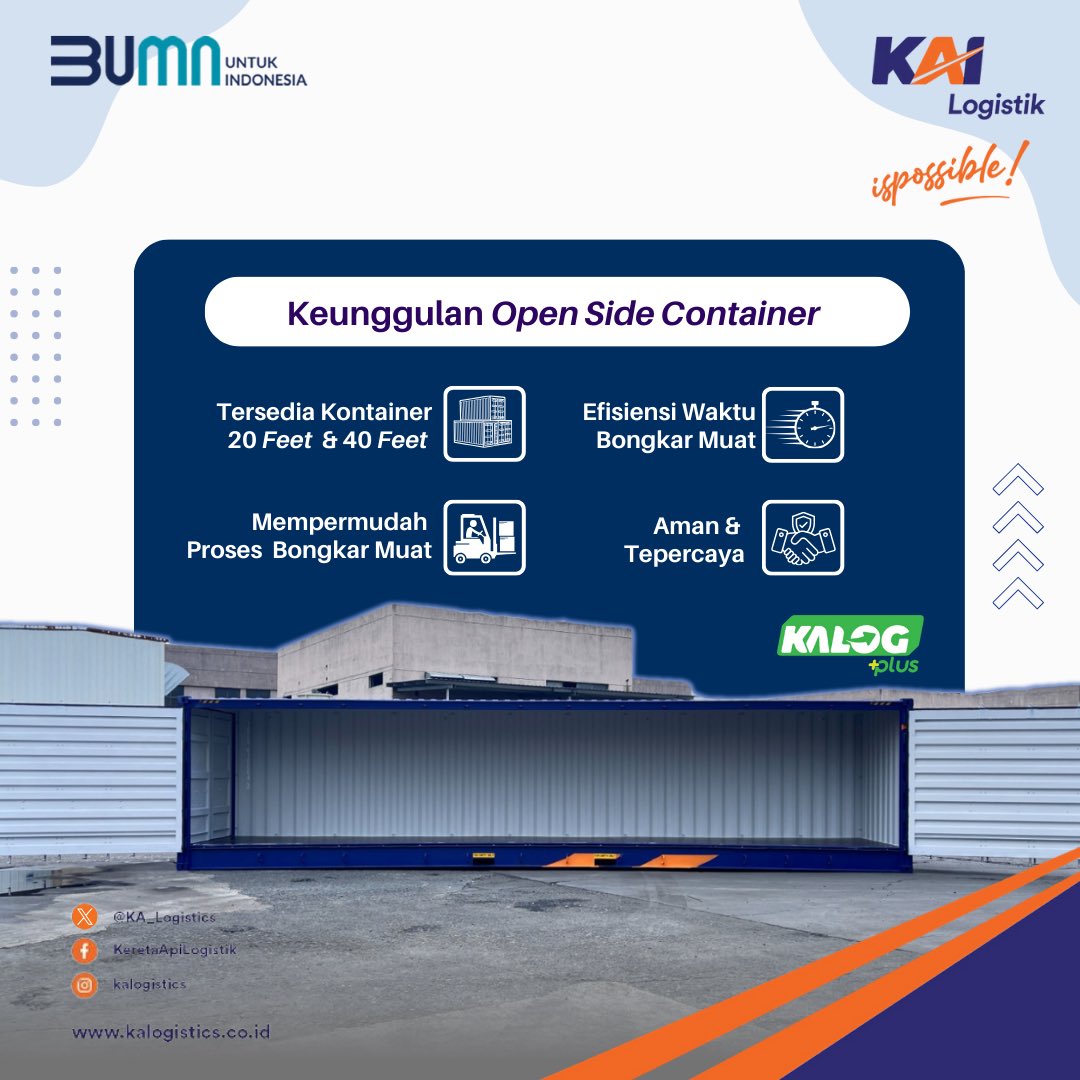 KA_Logistics's tweet photo. Hai, Sobat KALOG.
Yuk, kenal lebih dekat dengan “Open Side Container”!
Nah, apa saja ya keunggulannya? Cek di postingan ini ya, Sobat KALOG.
KAI Logistik, Ispossible!
#kailogistik #kalogplus #kontainer #opensidecontainer https://t.co/ESrhEq2aWp