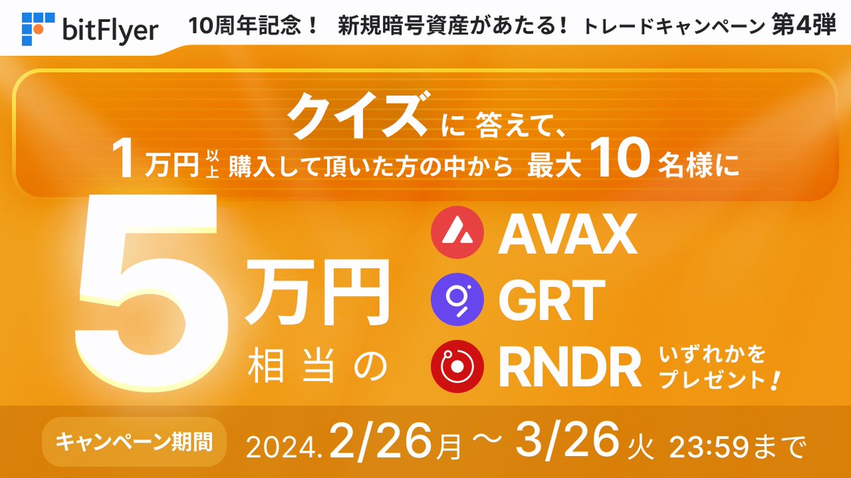 AVAX #GRT #RNDR 取扱い記念 抽選で最大 10 名様に 5 万円相当の AVAX、GRT、RNDR のいずれかをプレゼント🎁 参加方法  ① 口座開設完了 ② キャンペーンページからエントリー完了 ③ 10 周年記念クイズに回答 ④ 販売所で暗号資産を 1 万円以上購入 詳細はこちら↓  https ...