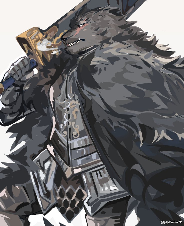 tarnished (elden ring) furry male furry carrying armor helmet wolf boy weapon  illustration images