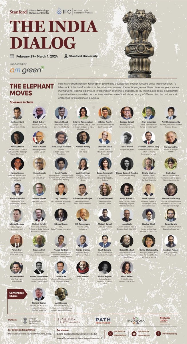 Amit Kapoor (@kautiliya) on Twitter photo Join in for #TheIndiaDialog <a href="/Stanford/">Stanford University</a> curated by <a href="/AsiaTechSU/">Stanford US-Asia Technology Management Center</a> <a href="/arthsastra/">Competitiveness</a> scheduled for February 29 & March 1 #TheElephantMoves. Thanks to our partners <a href="/GreenkoIndia/">Greenko</a> <a href="/AMGreen_Group/">AM Green Group</a> <a href="/PATHtweets/">PATH</a> <a href="/indiaspora/">INDIAspora News 🇮🇳</a> <a href="/BMGFIndia/">Gates Foundation India</a> <a href="/CGISFO/">India in SF</a> <a href="/Motwani_Jadeja/">Motwani Jadeja Foundation</a>. Join online at youtube.com/arthsastra Join in for #TheIndiaDialog <a href="/Stanford/">Stanford University</a> curated by <a href="/AsiaTechSU/">Stanford US-Asia Technology Management Center</a> <a href="/arthsastra/">Competitiveness</a> scheduled for February 29 & March 1 #TheElephantMoves. Thanks to our partners <a href="/GreenkoIndia/">Greenko</a> <a href="/AMGreen_Group/">AM Green Group</a> <a href="/PATHtweets/">PATH</a> <a href="/indiaspora/">INDIAspora News 🇮🇳</a> <a href="/BMGFIndia/">Gates Foundation India</a> <a href="/CGISFO/">India in SF</a> <a href="/Motwani_Jadeja/">Motwani Jadeja Foundation</a>. Join online at youtube.com/arthsastra