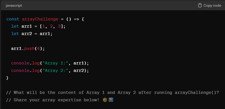 Krishna__sahu_'s tweet image. 🚀 Day 2 of the 100 Days of Coding Challenge! 🌟
Let's keep the momentum going with a fundamental JavaScript puzzle! 💻🔍
#100DaysOfCode #100daysofcodechallenge #JavaScriptBasics
🤔 Question of the Day: