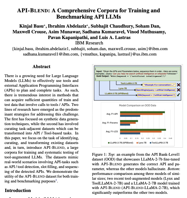 IBM presents API-BLEND

A Comprehensive Corpora for Training and Benchmarking API LLMs

There is a growing need for Large Language Models (LLMs) to effectively use tools and external Application Programming Interfaces (APIs) to plan and complete tasks. As such, there is