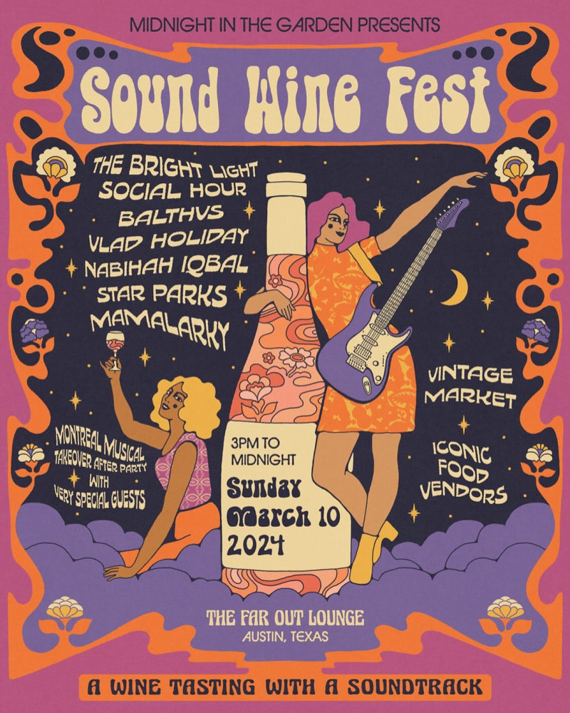 SOUND WINE FEST 🍷 a wine tasting with a soundtrack 🗓 Sun 3/10 • 3pm-12am 📍 The Far Out Lounge 6 bands, 15 vendors, 3 food trucks, a collection of incredible wines, and a Montreal musical takeover affter party feat special guests. Tickets - bit.ly/49m2foN #SXSW