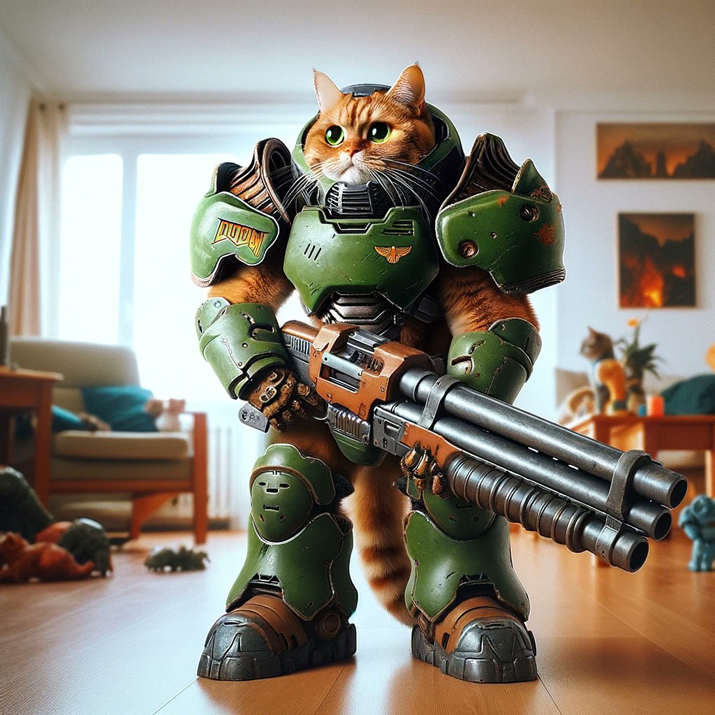 🚀✨ Meet the fiercest defender of the living room realm, the legendary #DoomKitty! 🐾🔫 Wearing the iconic green space marine armour and wielding the mighty BFG 9000, this ginger feline is ready to take on any demonic invasion. Who knew the saviour of the universe would be this