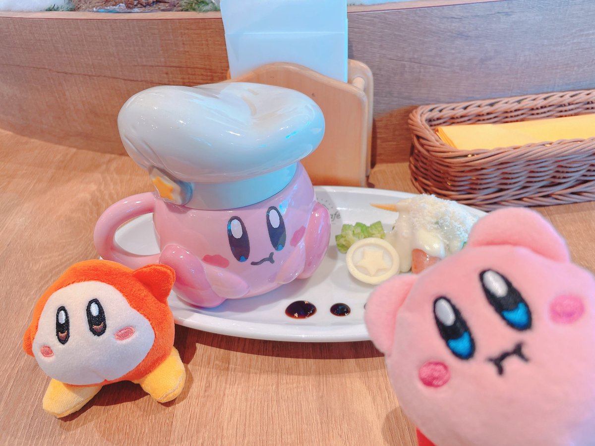 kirby ,waddle dee no humans food plate cup table blue eyes blush stickers general  illustration images
