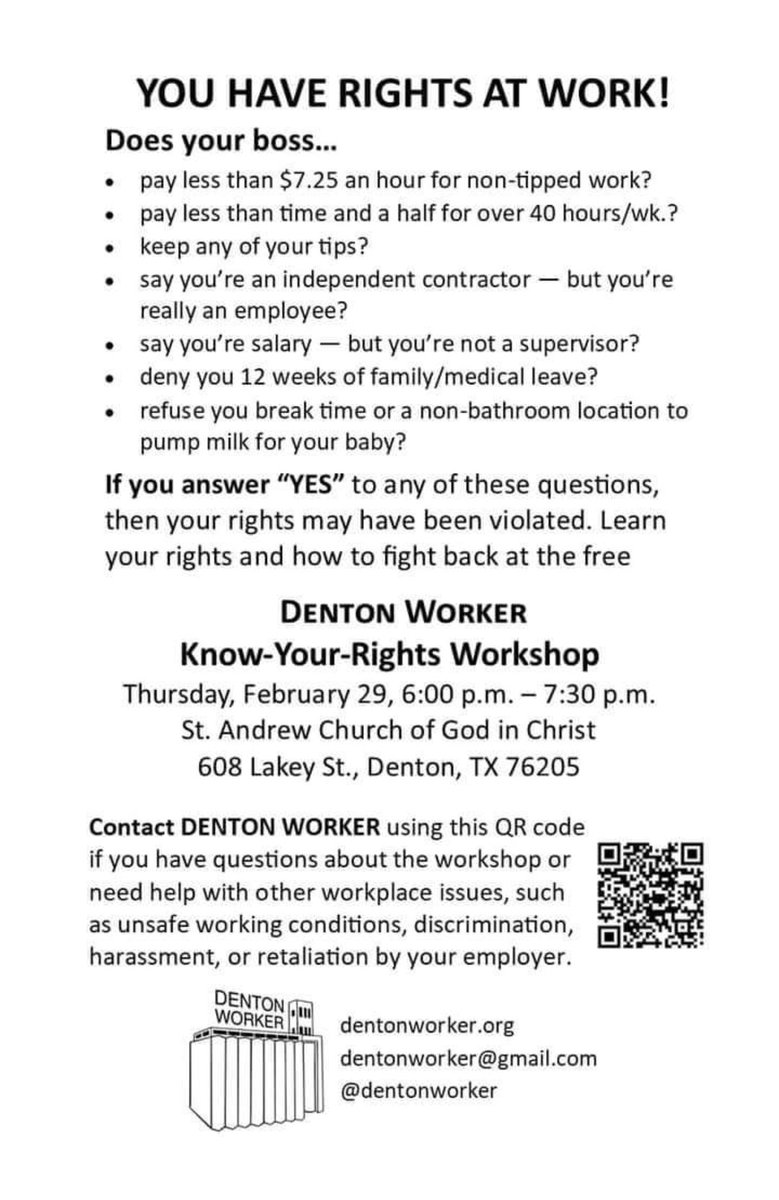 debfordenton's tweet photo. 📣Learn your workplace rights and how to fight back against violations at the free @DentonWorker workshop this coming Thursday, Feb. 29, 6pm-7:30pm St. Andrew Church, 608 Lakey St in Denton https://t.co/qbxcWZN7mY