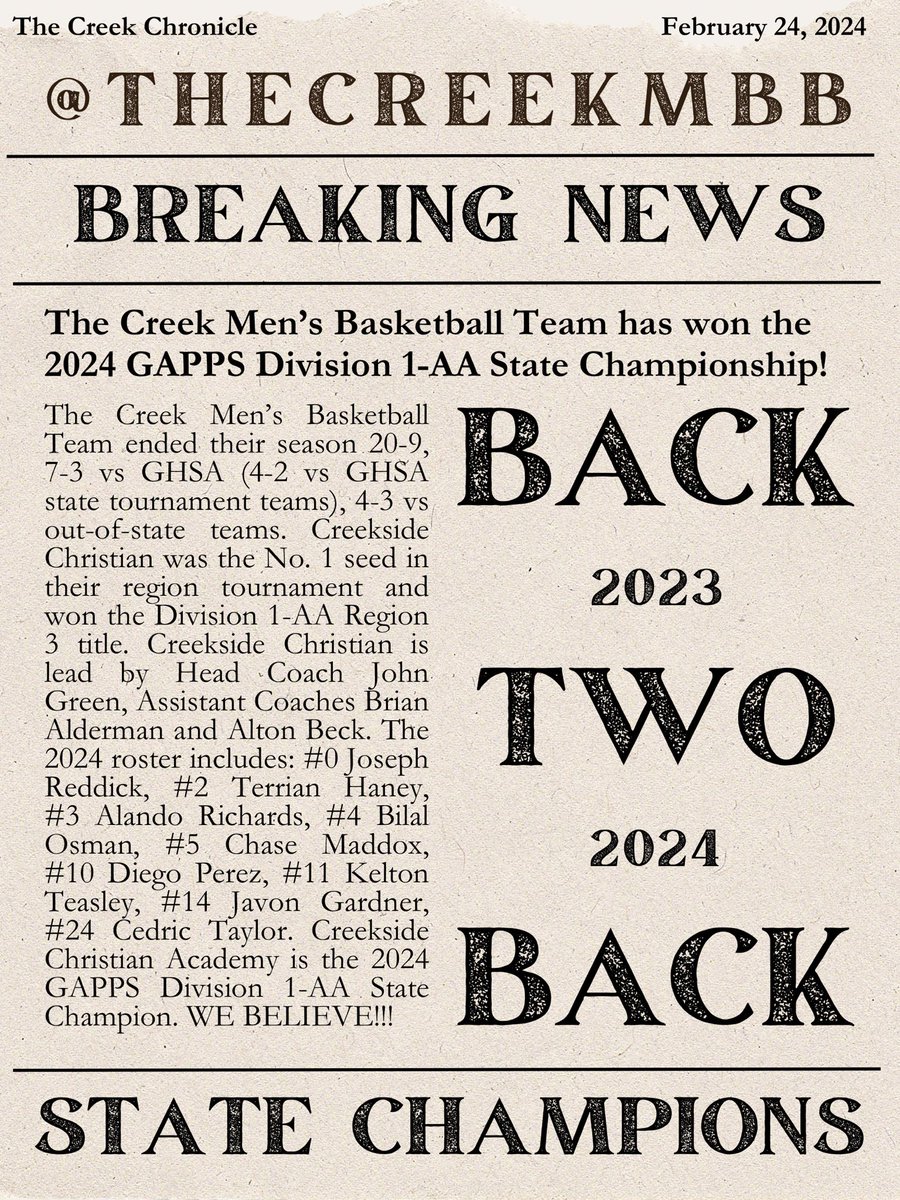 Congratulations to The Creek on their GAPPS Division 1-AA State Championship win! 
Back-2-Back‼️🏆🏆💍💍
#thecreekmbb | #webelieve