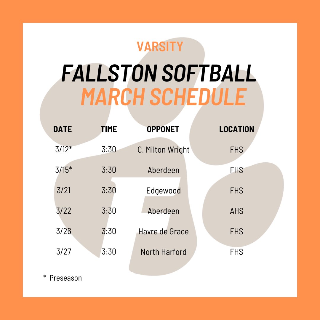 fhs_varsoftball's tweet photo. 5 days to tryouts! Here is the sneak peak of our first month of softball. See you on the field! https://t.co/E8b1Y95bRD