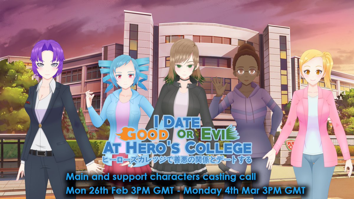 The casting call for I Date Good or Evil at Hero's College game demo is now live!

The Roles (6F &amp; 2M)

Please look at the document for more information
The deadline is Mon 4th March.
Have fun. 
 
docs.google.com/document/d/1iT…

#heroscollege #visualnovel #voiceacting