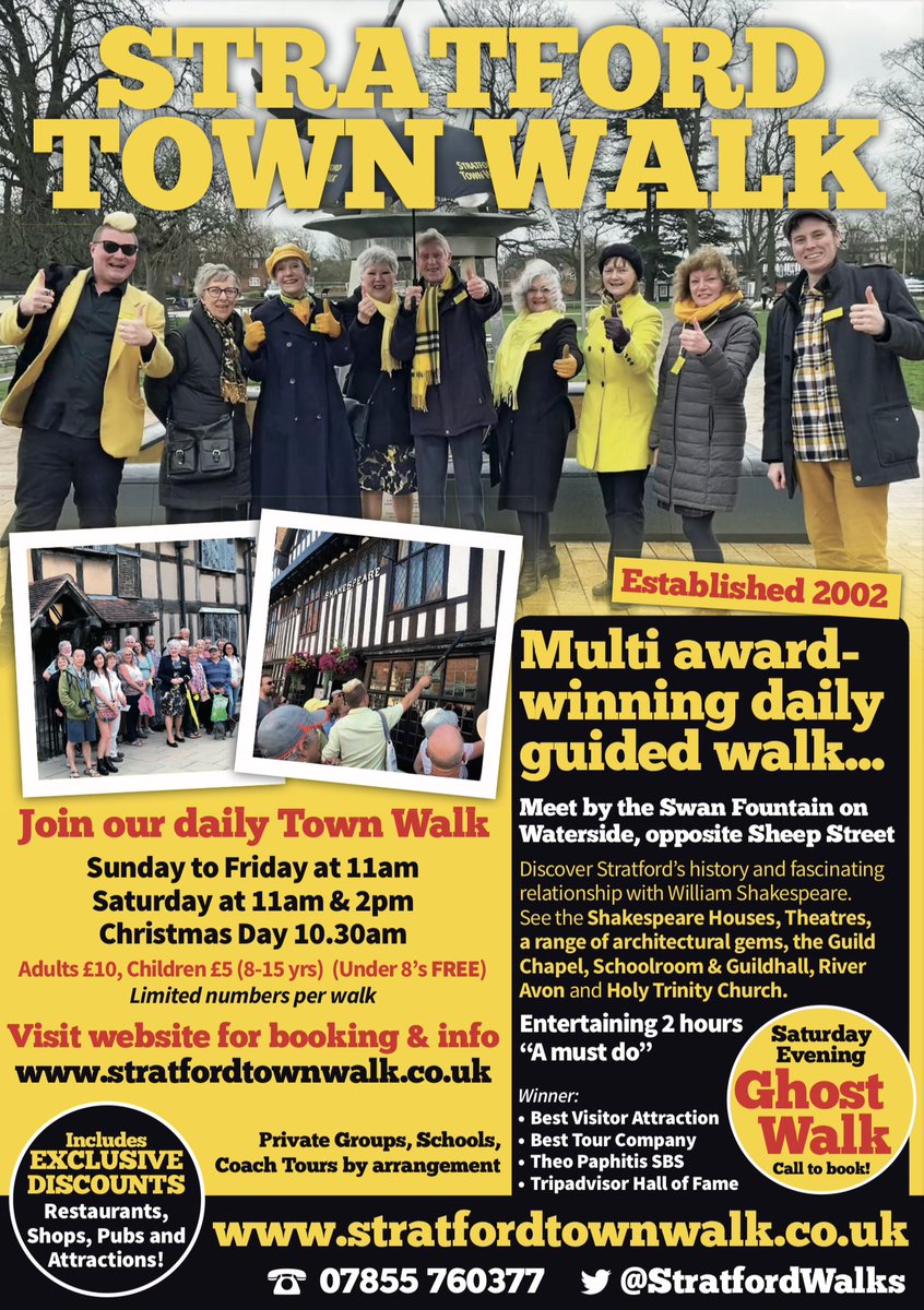 What to do on a Monday morning in StratforduponAvon?
Join Bobby for a fun &amp; fascinating walking tour.
See the main sights, Shakespeare’s Birthplace &amp; Schoolroom, Holy Trinity Church, the RSC, architectural gems &amp; more.
Starts 11am every day.
Book - stratfordtownwalk.co.uk