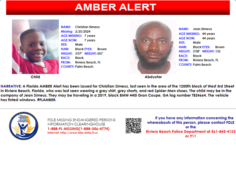 fdlepio's tweet photo. AMBER Alert for Christian Simeus, blk male, 7 y/o, 3' 7", 57 lbs. blk hair &amp; eyes, last seen Riviera Beach, grey shirt &amp; shorts, Spider-Man shoes. May be w/Jean Simeus, blk male, 5'8", 135 lbs, Black BMW 440i, GA tag TBZ4664. Contact Riviera Beach PD, 561-845-4123 or 911. https://t.co/I28lnDHejl