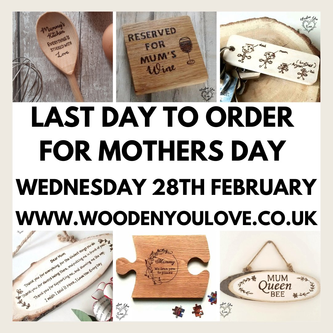 Last orders for #mothersdaygifts is Wednesday 28th Februrary. Shop my selection of hand burnt wooden gifts here 👇 woodenyoulove.co.uk/product-catego… #earlybiz #MHHSBD #firsttmaster #giftforher