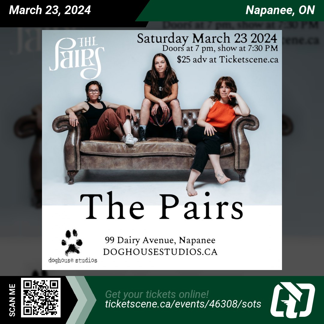 <a href="/ThePairsMusic/">The Pairs</a> will be performing at <a href="/DoghouseNapanee/">Doghouse Studios</a> on Saturday, March 23, 2024 at 7:30 pm
Get your tickets online ticketscene.ca/events/46308/s…
#napanee #tickets #events