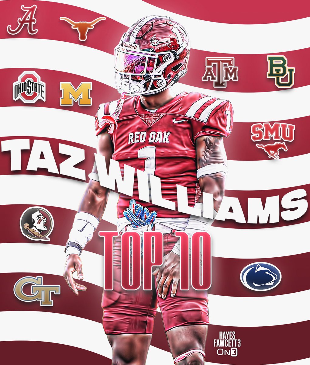 NEWS: Four-Star WR Taz Williams Jr. is down to 🔟 Schools! The 6’0 185 WR from Red Oak, TX is ranked as a Top 10 WR in Texas (per On3) Holds a total of 53 Offers Where Should He Go?👇🏽 on3.com/db/taz-william…