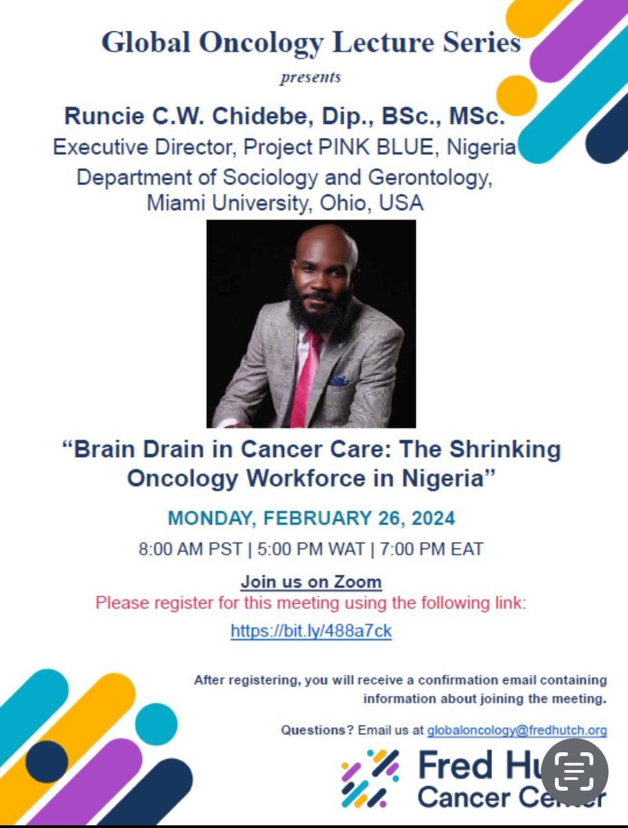 Runcie C.W. Chidebe (@runciecwc) on Twitter photo Nigeria has only 80 clinical oncologists providing care for 120,000+ patients, yet the country is losing its oncologists to US,UK, Canada, etc.
As a Guest Speaker at the <a href="/FredHutchGO/">Global Oncology at Fred Hutch</a> Lecture Series. I will discuss this issue
fredhutch.org/en/events/GO-s… #ChokeCancer Join me. Tnx Nigeria has only 80 clinical oncologists providing care for 120,000+ patients, yet the country is losing its oncologists to US,UK, Canada, etc.
As a Guest Speaker at the <a href="/FredHutchGO/">Global Oncology at Fred Hutch</a> Lecture Series. I will discuss this issue
fredhutch.org/en/events/GO-s… #ChokeCancer Join me. Tnx