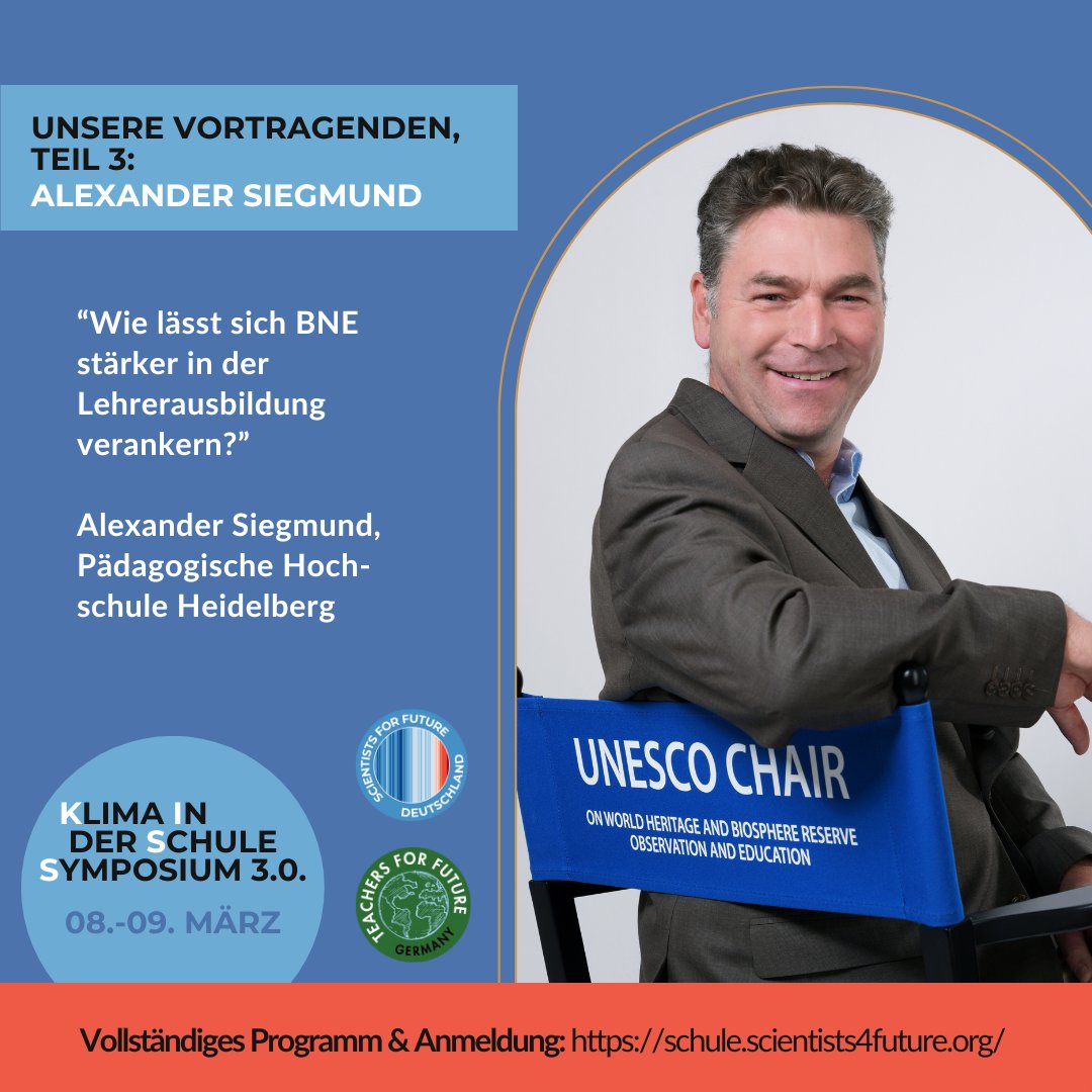 Unsere Vortragenden, Teil 3: Alexander Siegmund

🔎 "Wie lässt sich BNE stärker in der Lehrerausbildung verankern?"

🕞 Freitag, 08. März, 15:45 Uhr

Das gesamte Programm und die Anmeldung finden sich auf unserer Webseite (schule.scientists4future.org/kiss-2024/).