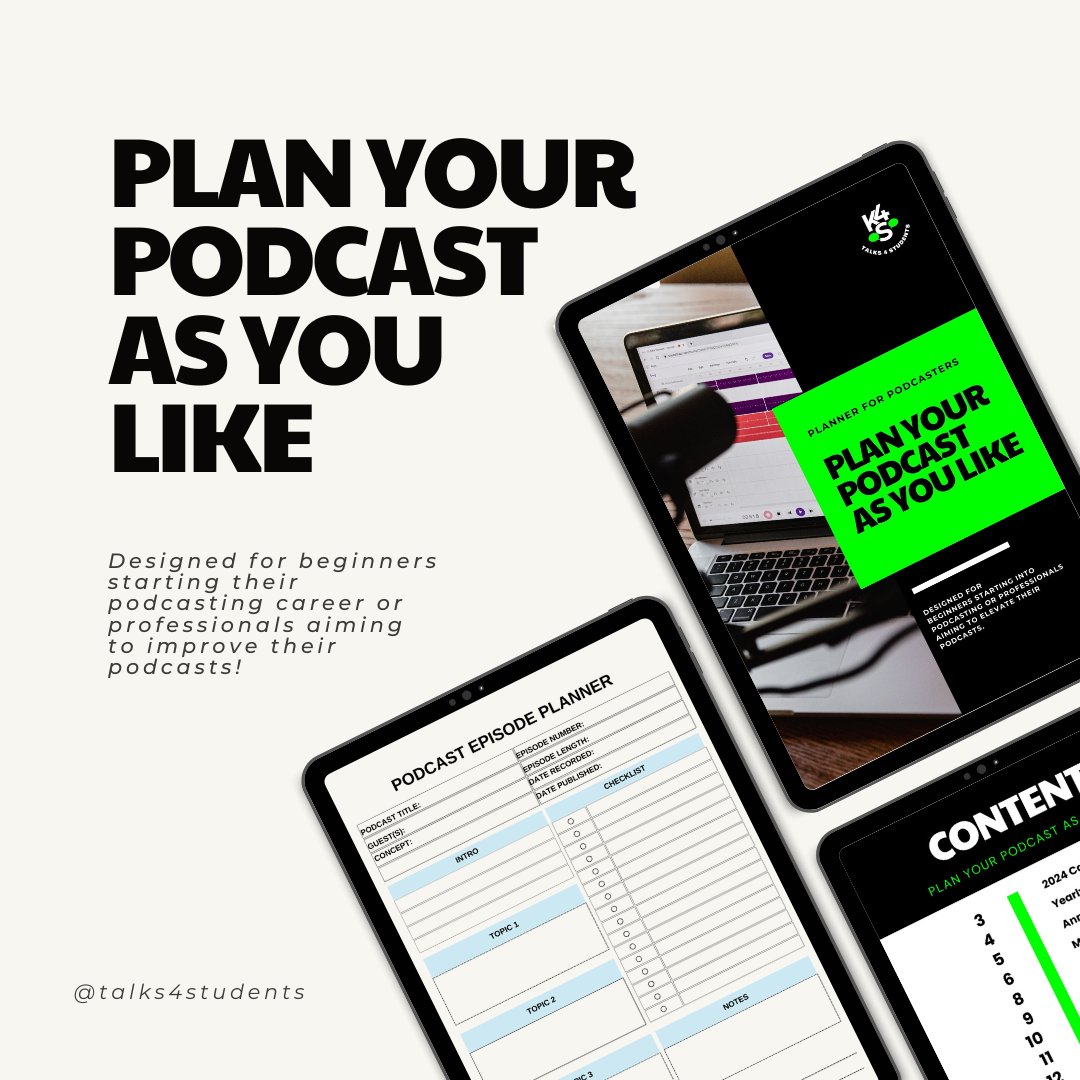 @talks4students has designed a PDF so you can plan your #podcast as you like! 🎙😍

+20 pages designed for beginners starting their podcasting career or professionals aiming to improve their podcasts. 👩‍💻👨‍💻

You want it? Comment “PLAN” & you’ll receive a DM with the link. 💌