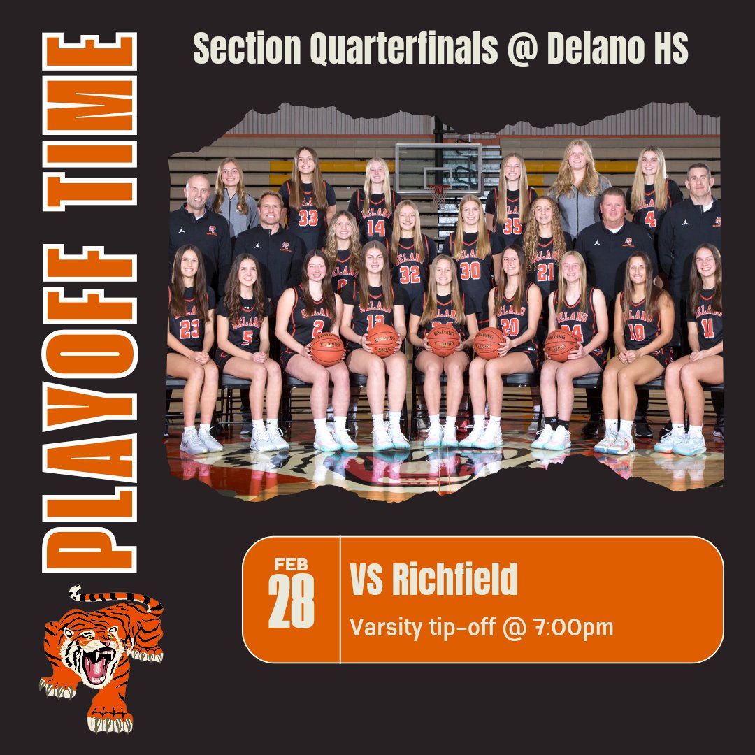 🧡🖤🐅🏀Planning your week? Well...it's PLAYOFF TIME! Be sure to include a trip to Delano High School on Wednesday 2/28 for the 7:00pm tip-off to cheer on the Tiger Girls Basketball team vs Richfield
💪🐅🏀Go Tigers!!! Let's PACK THE GYM!!!