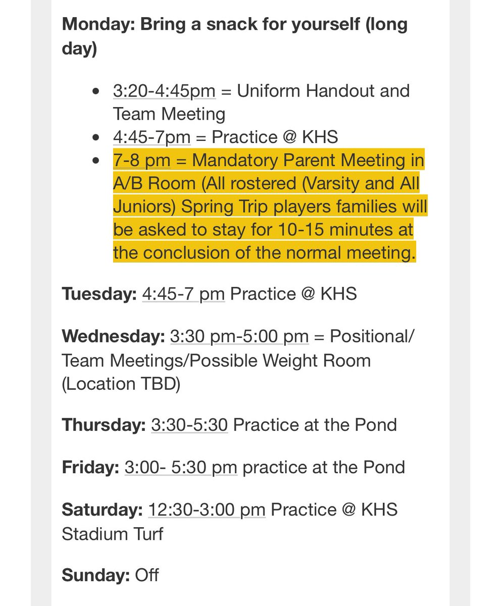 ⚾️ Schedule for week of 2/26 ⚾️ 

🚨Just over 2 weeks until first scrimmage🚨

🏟️Saturday 3/2 (Weather dependent field appreciation day 8:30 am- any parent/player help is appreciated).  Inter-squad to follow on the stadium turf🏟️