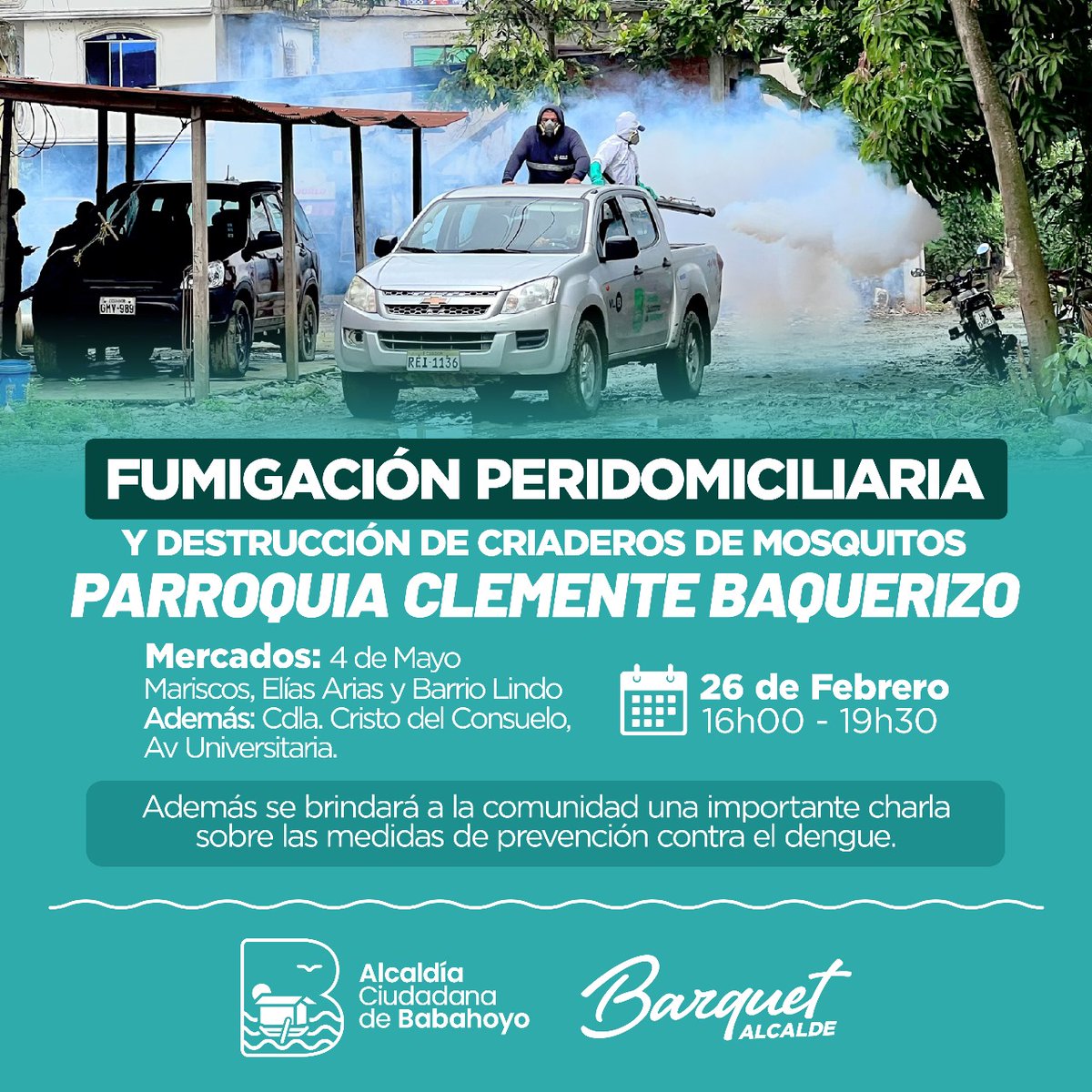 alcaldiabbhy's tweet photo. 🟢#ATENCIÓN 

👨‍🦱👩‍🦰Babahoyense. A través de nuestra campaña municipal  #TodosContraElDengue. Trabajamos para eliminar criaderos de mosquitos.

👉Por ello, te damos a conocer los sectores donde realizaremos esta importante acción de velar por la salud de la ciudadanía. https://t.co/hO7zAM1Yfp