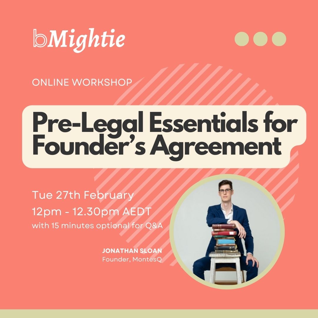 Calling all aspiring and new #founders, join us for tomorrow's #masterclass on pre-#legal essentials for Founder’s Agreements, why they are so important, and how to negotiate them with your #cofounders. ​👉 Register to join live or receive the recording: lu.ma/bmightie