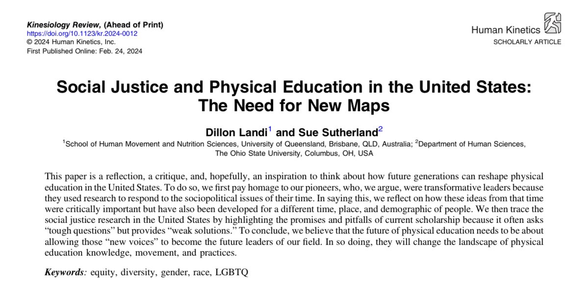 Sue Sutherland (@SueSutherland45) & I published this paper based on a presentation about the future of #PhysEd Social Justice Research in the USA at @KCHillinois sponsored by @AERA_EdResearch. Also, my 1st publication with @UQHealth! Link Here 👉 tinyurl.com/DLSS2024