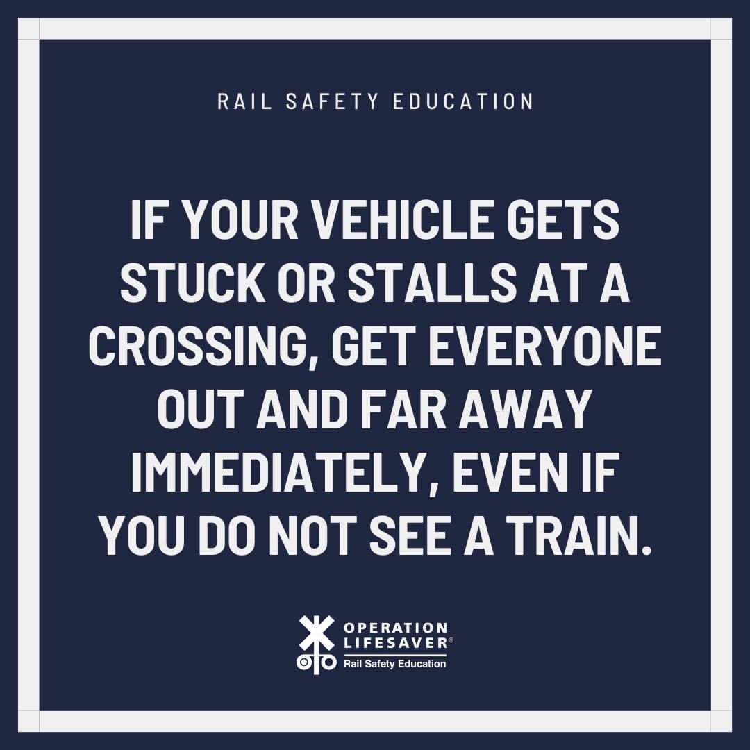 Do you know what to do if your vehicle gets stuck or stalls at a crossing? 

Get everyone out and far away immediately. Look for the Blue and White sign or dial 911. It can save your life. #RailSafetyEducation #STOPTrackTragedies @olinational