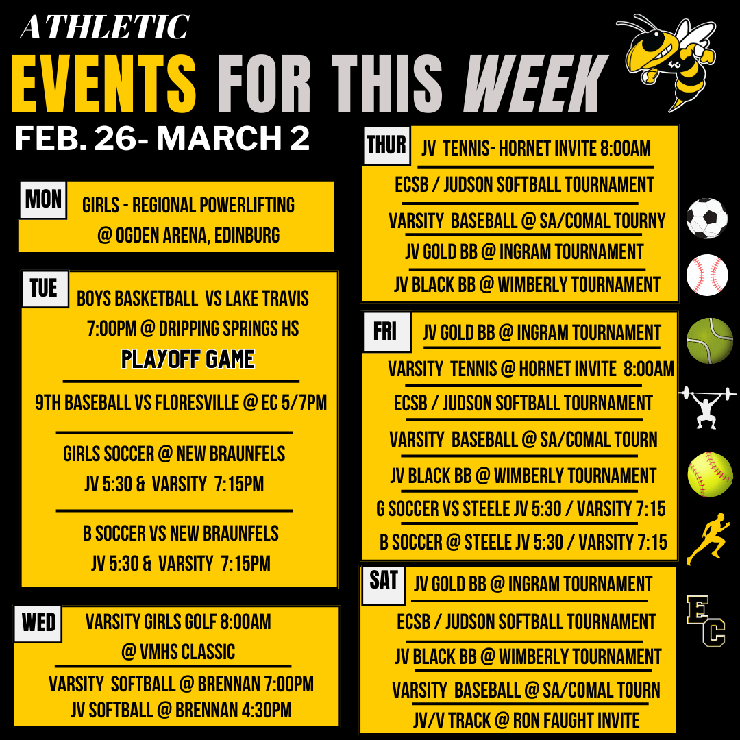 _ECAthletics's tweet photo. Big Week for EC Athletics! 
Girls Powerlifting @ Regional Championship.
Boys Basketball continues their Special Playoff run.
ECSB &amp; Tennis host their annual tournaments. 
Good Luck to all competing this week! #WeAreEC
@ArriolaSuzette @ECISDtweets @booster_ec https://t.co/VJiA197CAo