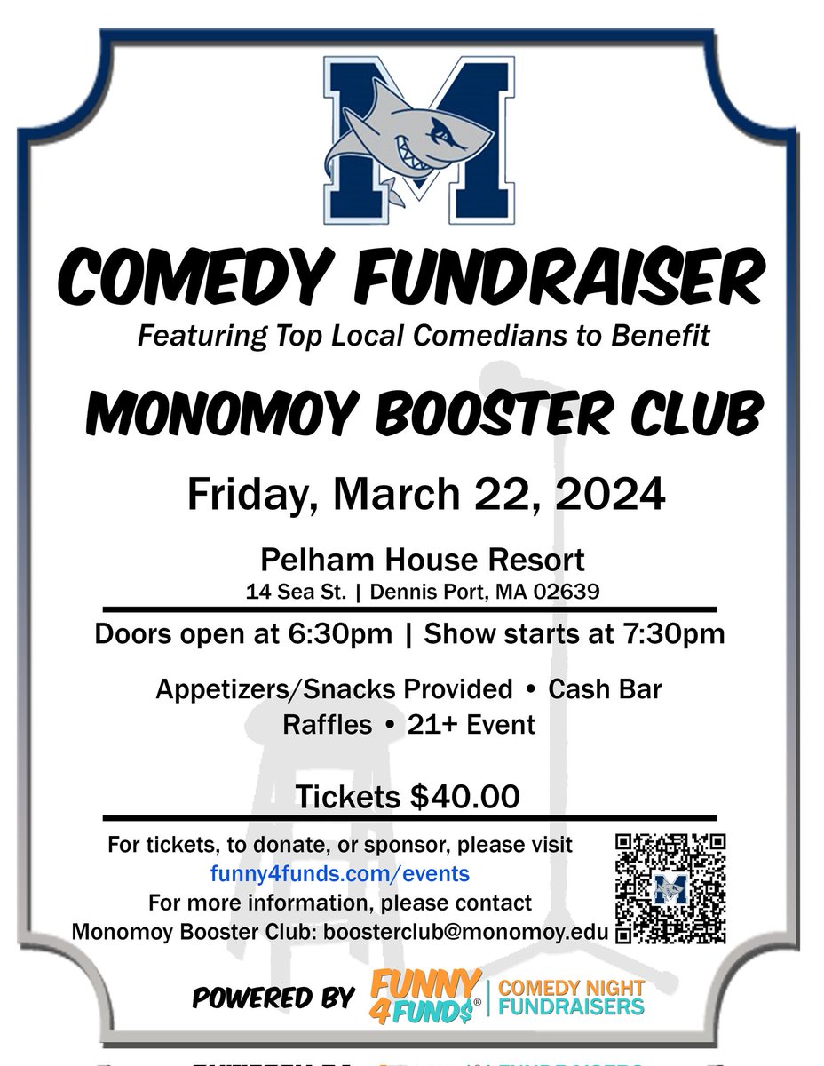 MonomoyBoosters's tweet photo. Come join us for a night of laughs and support Monomoy Boosters Club! Use the link to purchase tickets, make donations or sponsorship. Anyone interested in donating a raffle item email us. https://t.co/b1eQzXIsgC https://t.co/MvMbq5ODGN