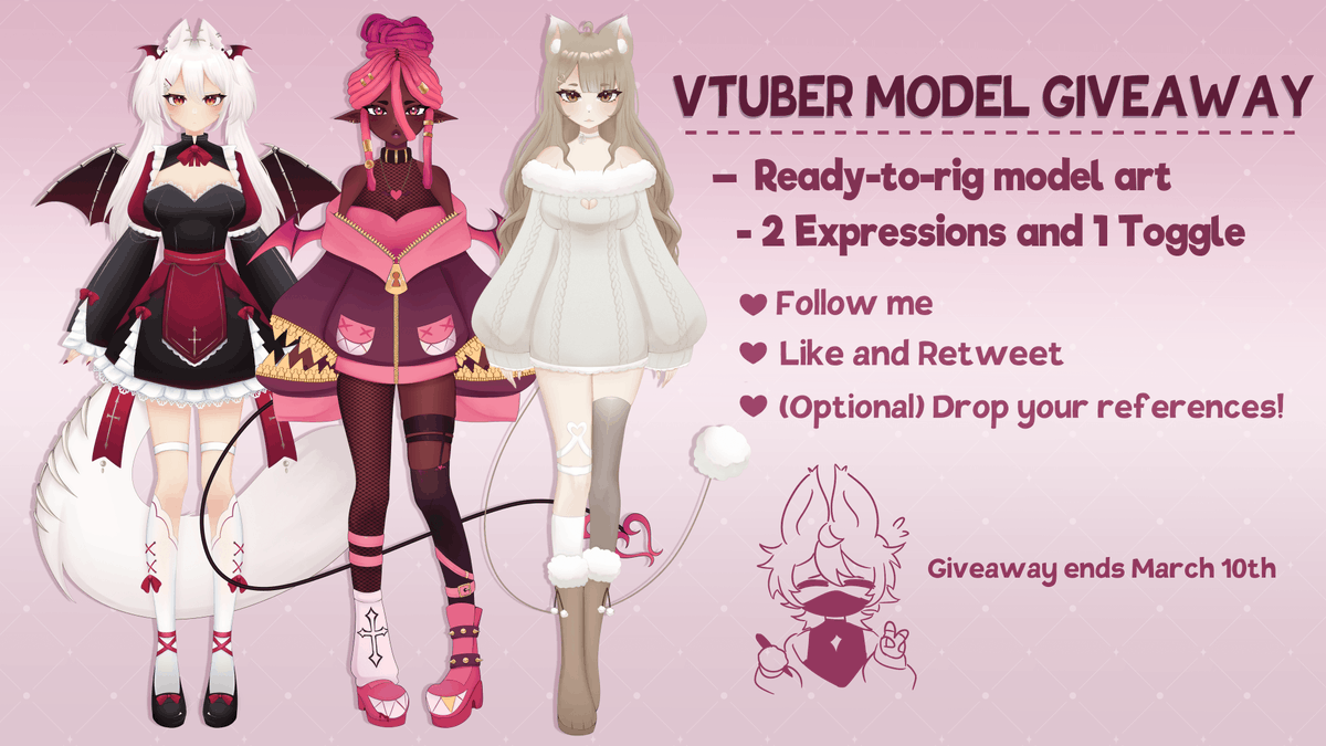 ✨VTUBER MODEL GIVEAWAY ☆ﾟ.*･｡ﾟ 

hii looking to be more active here and have been dying to try out model art so I'm doing a giveaway! :D

Requirements:
✦ Follow me
✦ Like and Retweet this post
✦ (Optional) Drop your reference and tell me abt yourself!

TOS down below ⬇️