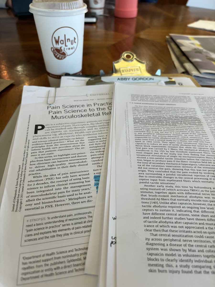 agordon55's tweet photo. Reflecting on how hard it is to read about and learn pain neuroscience while preparing for @paingeeks journal club tomorrow. This month is 2 articles about Central Sensitization- one from Clifford Woolf and one from AWESOME @JOSPT #painscienceinpractice series from @MH_DK https://t.co/w8O36GEJUx