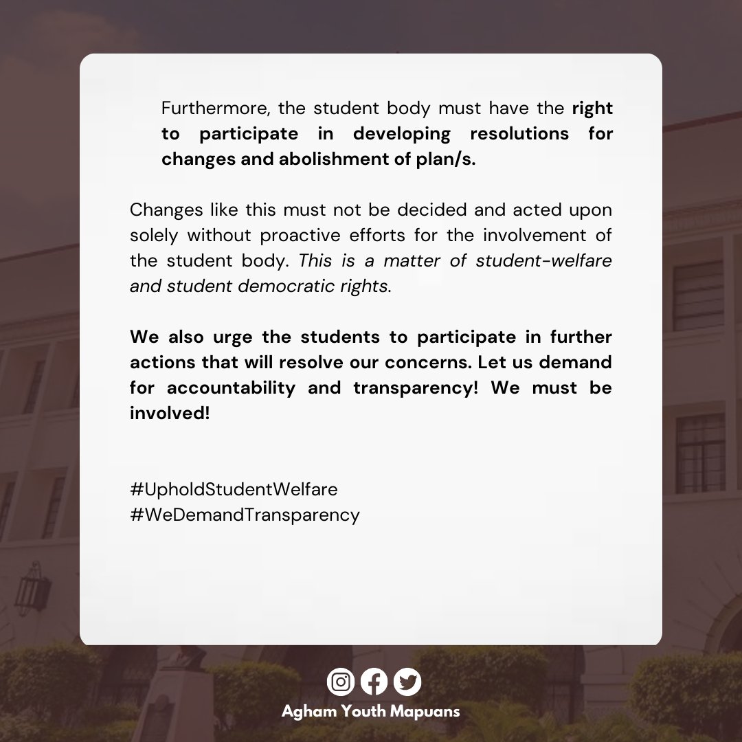 AghamYouthMapua's tweet photo. READ: Agham Youth's Statement on the Academic System Change to Trimester

It is undemocratic and anti-student to exclude the student body in decision-making processes, especially when we are to be directly affected by such decisions. 

#UpholdStudentWelfare
#WeDemandTransparency https://t.co/hNmEdLlwr2