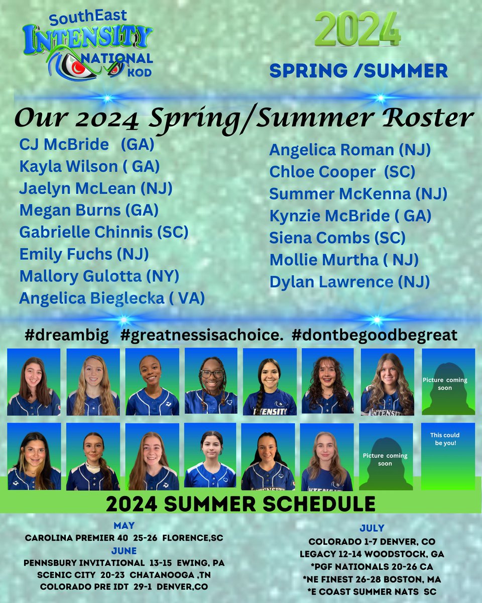 💙💚🥎  ANNOUNCING 2024 Roster 💙💚🥎
It’s going to be a an exciting summer season!!  Do you have what it takes? #dreambig #greatnessisachoice #dontbegoodbegreat