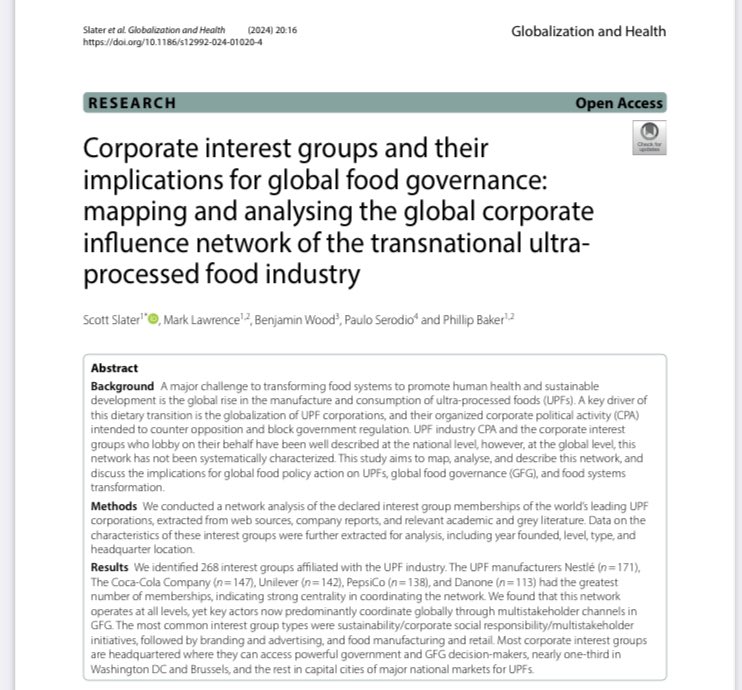 The UPF industry coordinate a network of powerful actors to counter opposition, block govt regulation, & cast doubt on the harms of UPFs. But which UPF corporations & corporate interest groups are central to this network & the UPF industry’s lobbying & political activity? 👇🏼