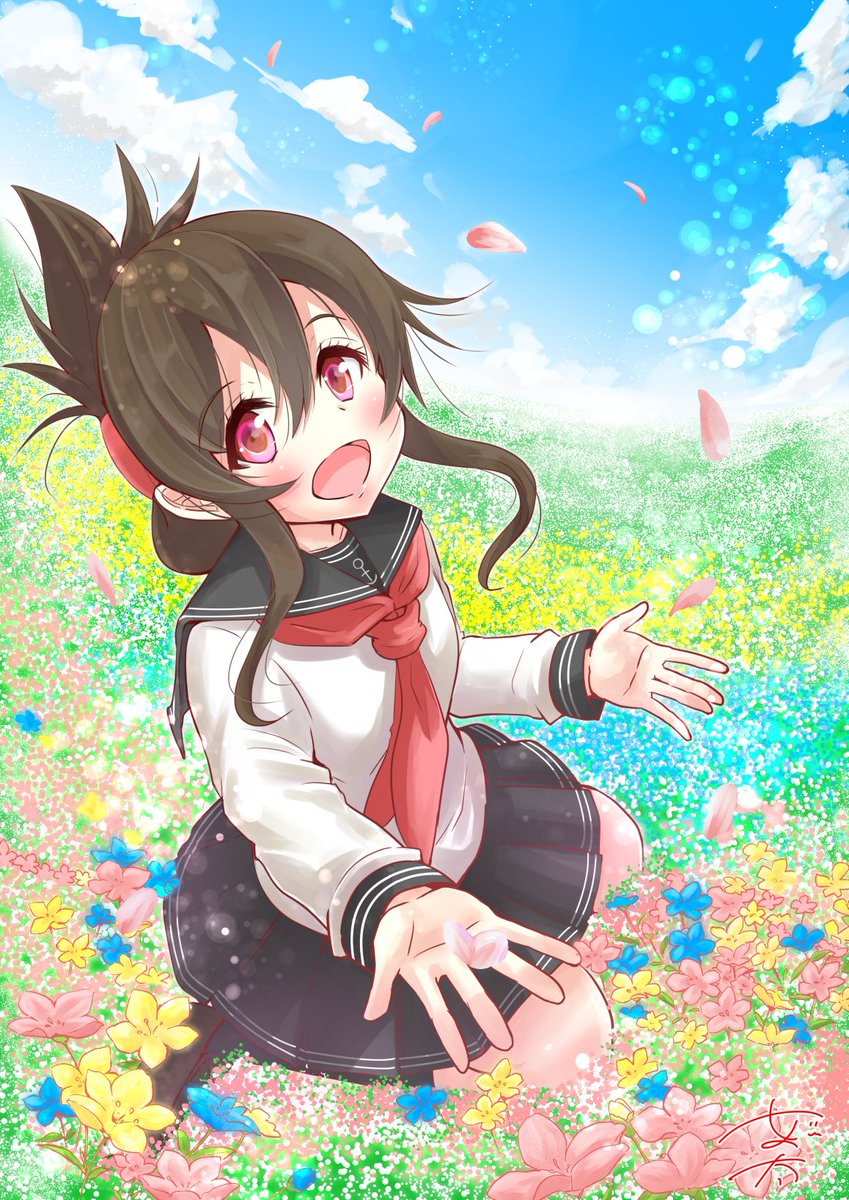 inazuma (kancolle) 1girl solo flower field school uniform folded ponytail field flower  illustration images