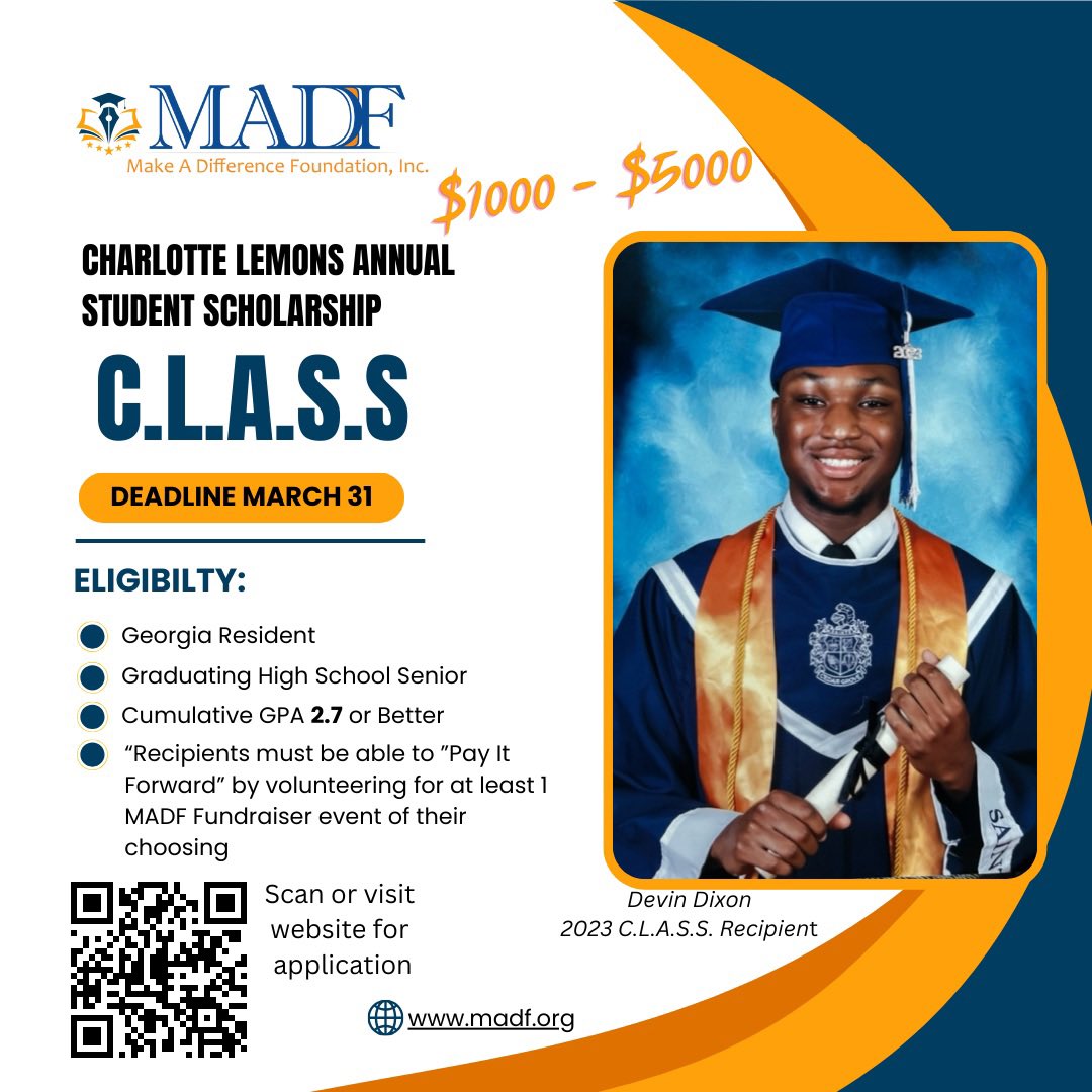 C.L.A.S.S. is now in session. Georgia High School Seniors, let us help you graduate college #debtfree. Deadline to apply is March 31, 2024. Don’t be late to C.L.A.S.S. #madf #classaward #schloarshipopportunities #debtfreedegree