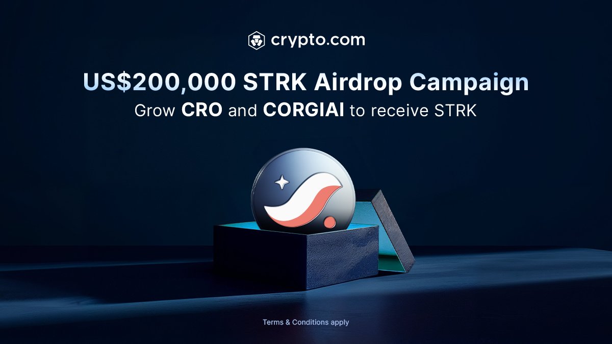 cryptocom's tweet photo. 🕸️ US$200,000 Starknet ($STRK) Airdrop Campaign ends today 🕸️

Claim a share of US$200,000 in $STRK by growing your $CRO and $CORGIAI 🌟

🔥 The more you purchase, the more you’ll receive 

T&amp;Cs apply 

Learn More 👉 https://t.co/QkVrpdBEps https://t.co/sOspglu0MF
