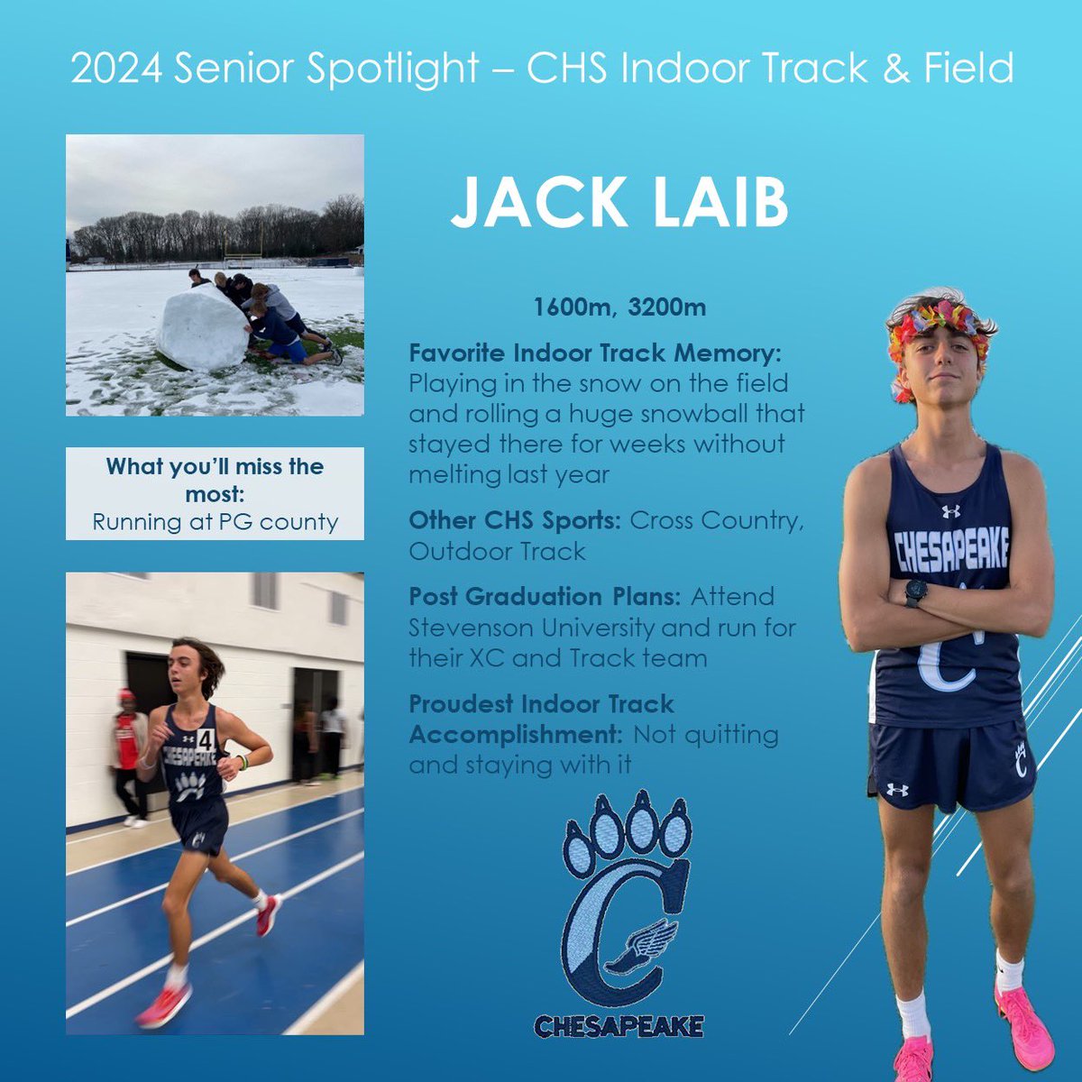 ChesapeakeTrack's tweet photo. Senior Spotlights for Indoor Track athletes Maddy, Jack, Megan, and Dan! #cougarpride @Ches_Athletics https://t.co/uj45zMWLYI