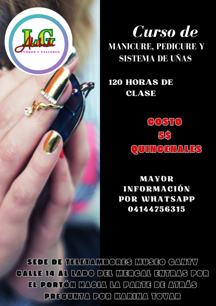 CURSOS DE UÑAS  
ALAIBODE Cursos y Talleres te ofrece especializaciones en Uñas
100% PRACTICO 
   
🔹
Costo. 5$ Quincenales
Inscripción 3$ 
Más información por Whatsapp 
📱04144756315

chat.whatsapp.com/Fm0tUbtFzGk6ur…

Todos 
<a href="/seguidores/">seguidores</a>
<a href="/destacar_/">DESTACAR</a>