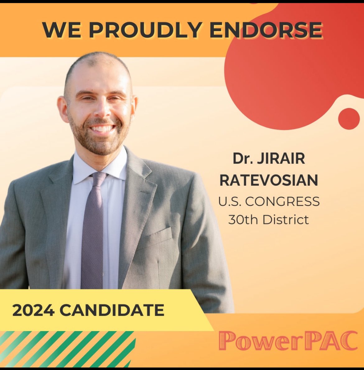 JirairForCA's tweet photo. Absolutely thrilled to have received the endorsement of @PowerPACorg !  Their  unwavering commitment to social justice and building progressive political power for historically underrepresented communities is exactly why I'm running for Congress.  #CA30
 #RepresentationMatters https://t.co/UnMxgQuOJe