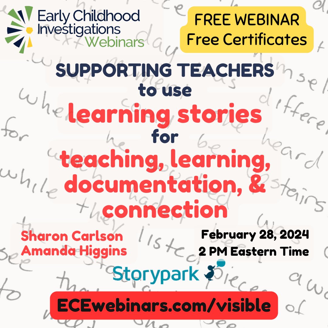 Wednesday, a FREE webinar about how #learningstories make #earlychildhoodeducation documentation meaningful, brought to us from New Zealand! Sponsored by @storyparkapp- *|URL|*#earlyed #earlychildhood #formativeassessment #preschool #childcare #headstart #ECE #ECEleadership
