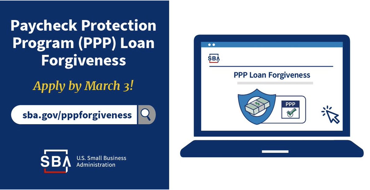 Are you a defaulted Paycheck Protection Program (PPP) borrower? Make sure you have submitted your loan forgiveness application by March 3, 2024. For help, contact the SBA at 877-552-2692 from Monday–Friday, 8 a.m. - 8 p.m. ET. Learn more: sba.gov/pppforgiveness @sbagov