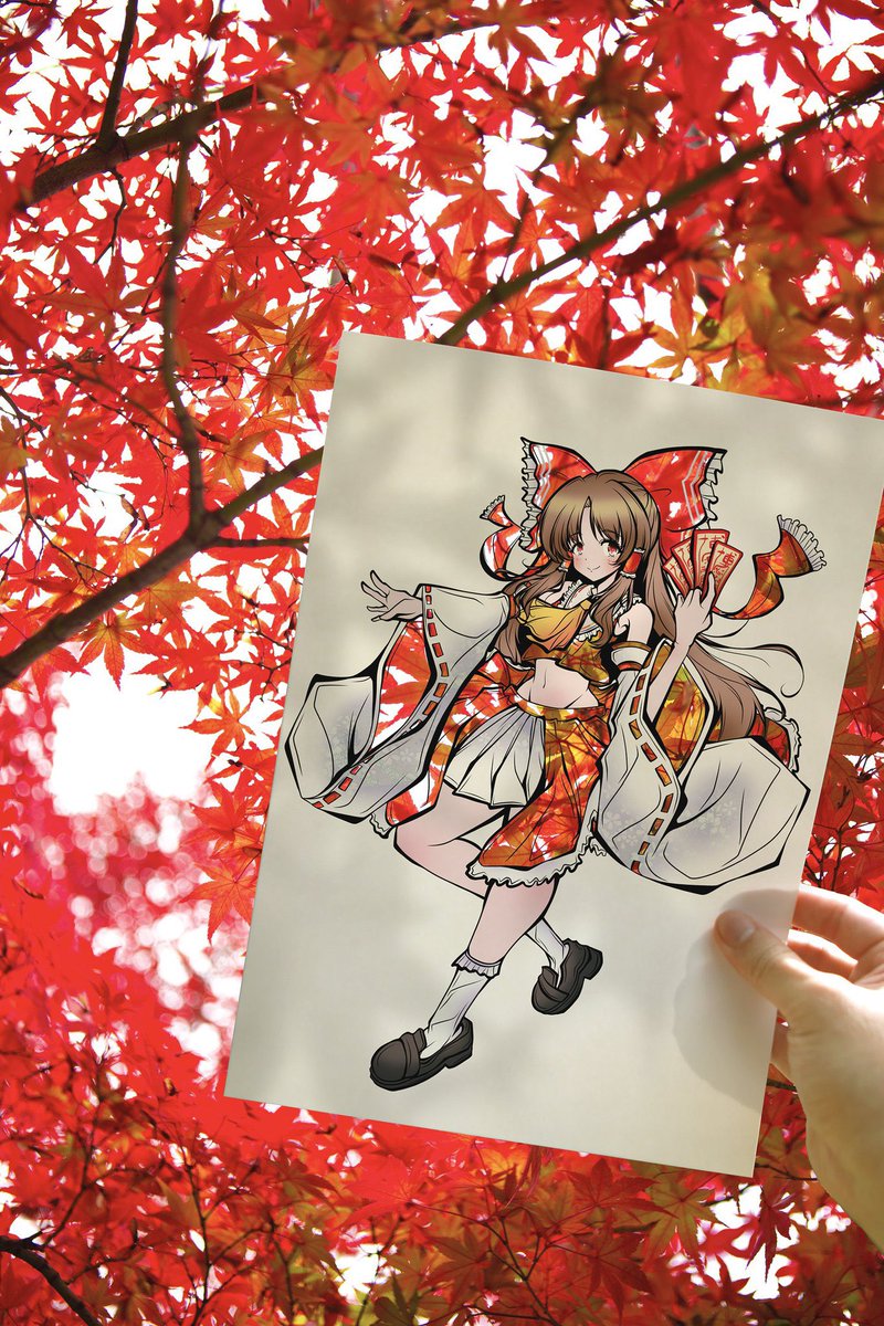 hakurei reimu 1girl brown hair skirt bow hair tubes autumn leaves hair bow  illustration images
