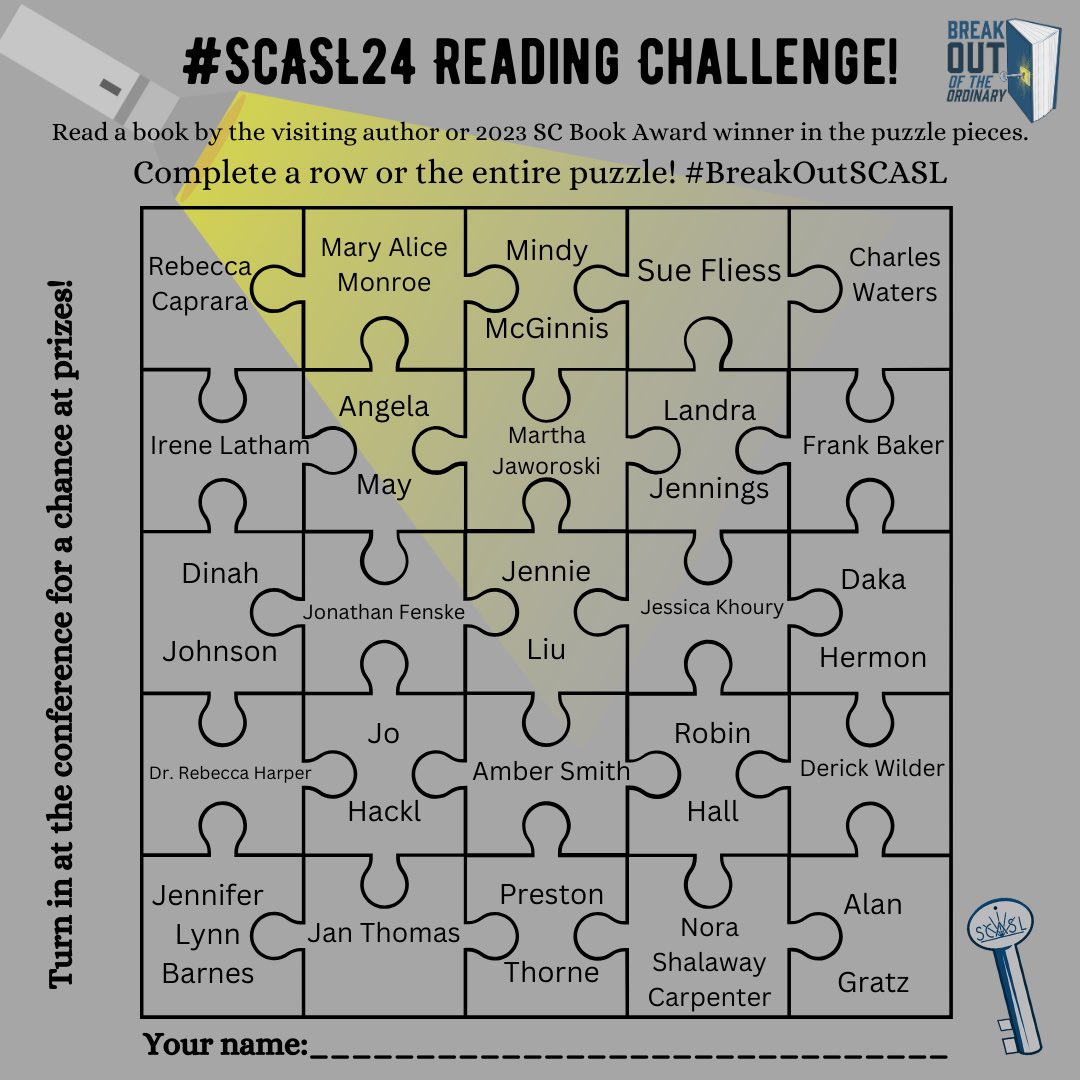 SCASLNet's tweet image. Don&apos;t forget to participate in the #SCASL24 #BreakOutSCASL reading challenge! Complete one row or as many as you like! Prizes are SIGNED copies of some amazing books! Turn in your challenge at the registration area.
￼